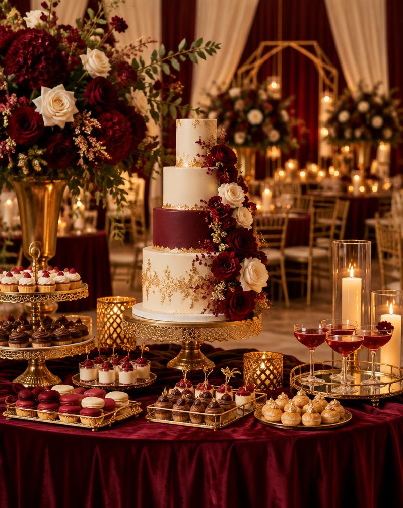 An elegant wedding cake and dessert table