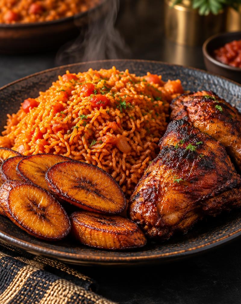 Jollof rice, grilled chicken and fried plantain