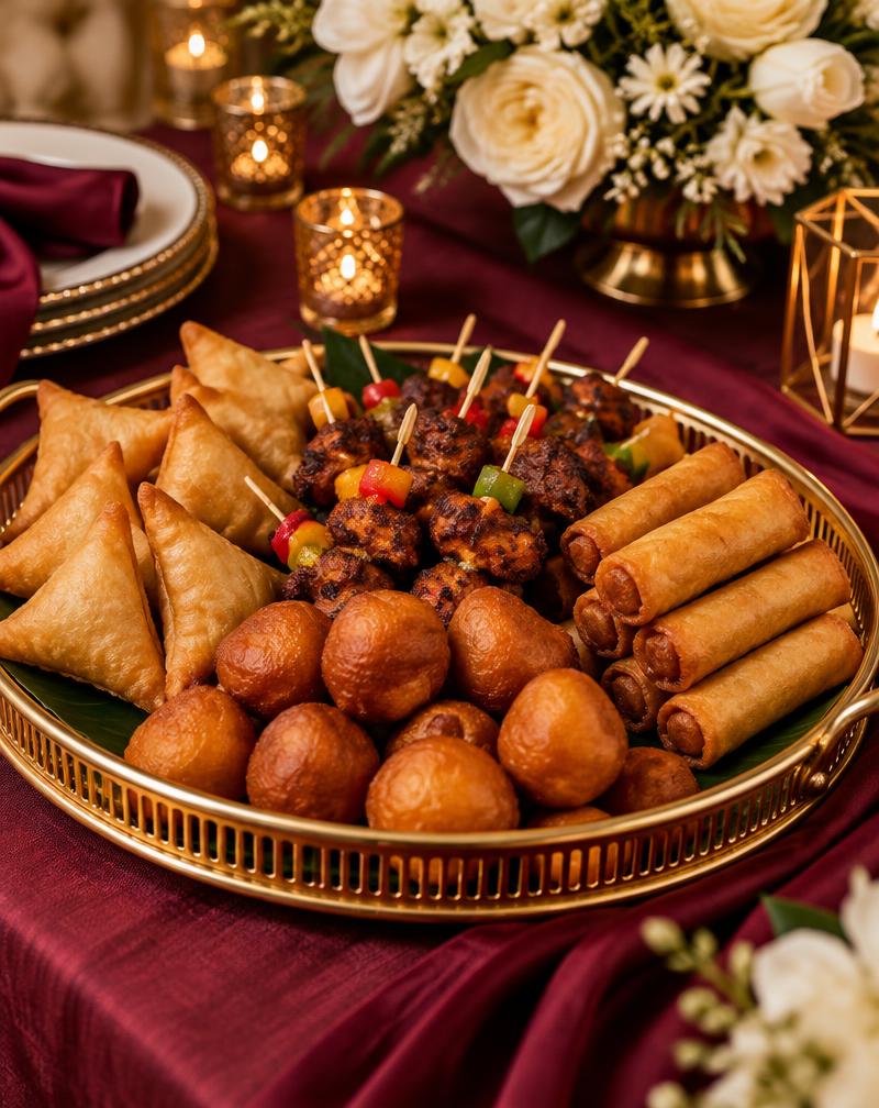 A gold tray of assorted small chops